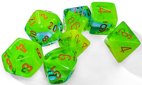 Polyhedral 7-Die Set: Gemini Plasma Green-Teal/Orangle