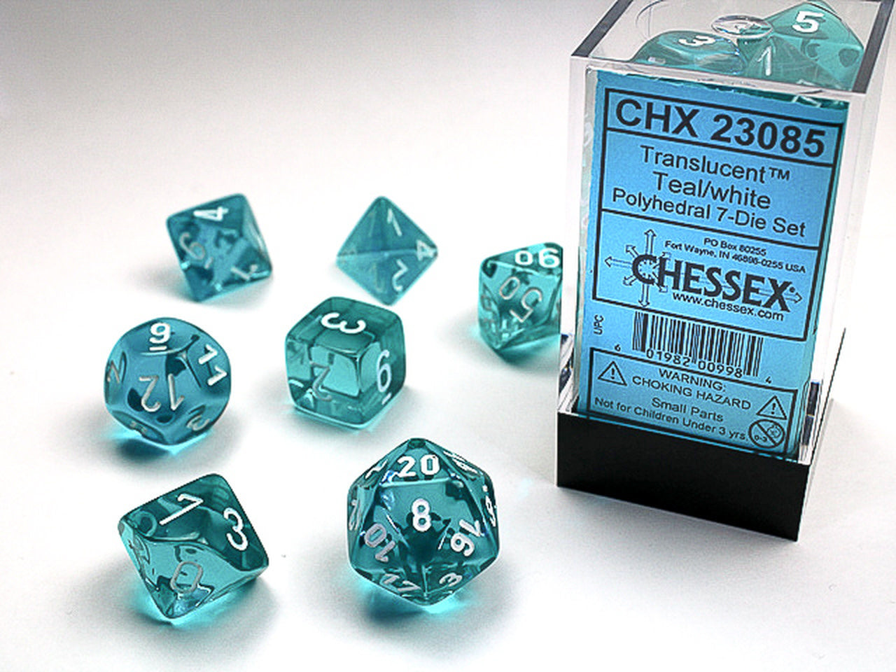 Polyhedral 7-Die Set: Translucent Teal/White